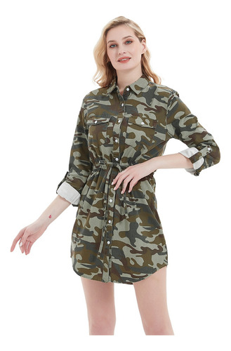 Vestido Tipo Camisa De Mezclilla Con Manga Larga Para Mujer,