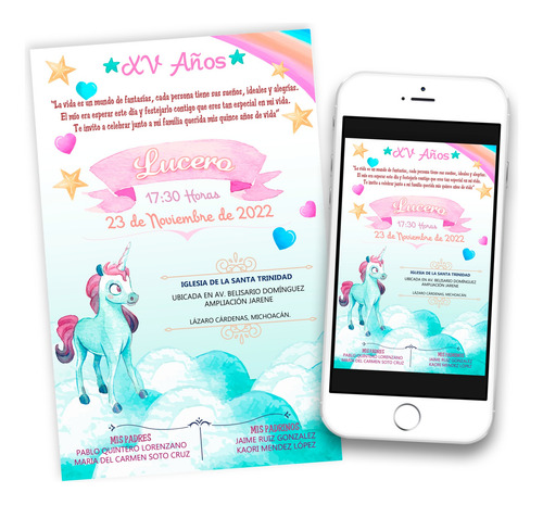 Invitación Digital 15 Años De Unicornio Xv Imprimible