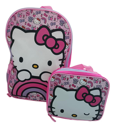 Mochila Backpack De Hello Kitty Con Lonchera Fast Forward Color Rosa Chicle Diseño De La Tela Estampado