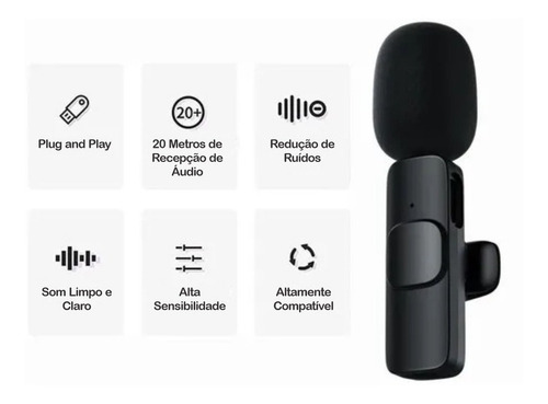 Micrófono de solapa inalámbrico Plug and Play para iPhone X 11, 12, 13, color negro