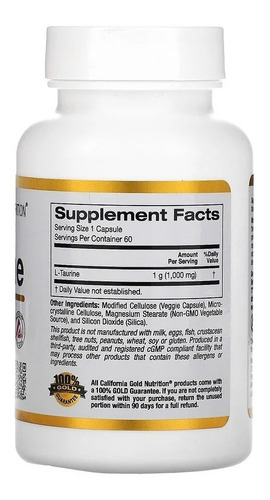 L Taurina 1000 Mg 60 Cáps - California Gold Eua L Taurine Sabor Sem Sabor