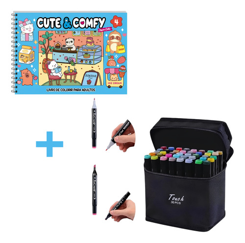 Kit Canetas Marcador Ponta Dupla 36 Cores + Caderno Colorir