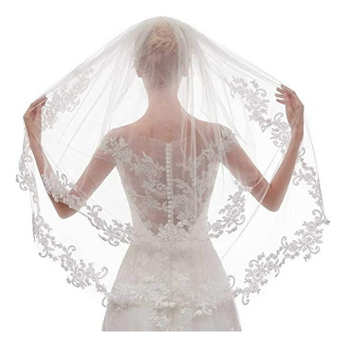. Velo De Novia Corto De Encaje De 2 Niveles For Mujer Con