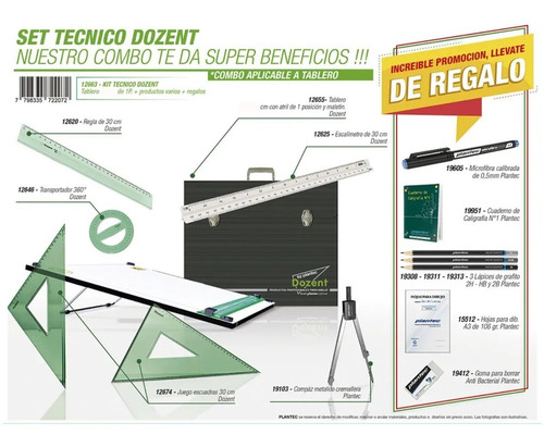 Imagen 2 de 6 de Kit Tablero Dibujo 1 Posición Plantec Dozent 40x50 + Útiles