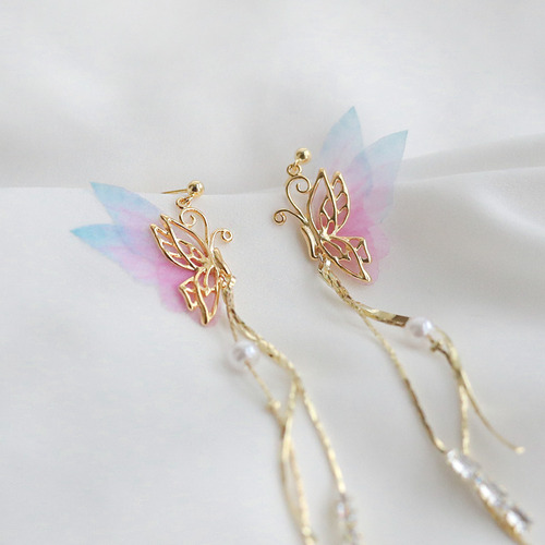 H Pendientes Largos Arete Elf Con Alas De Mariposa