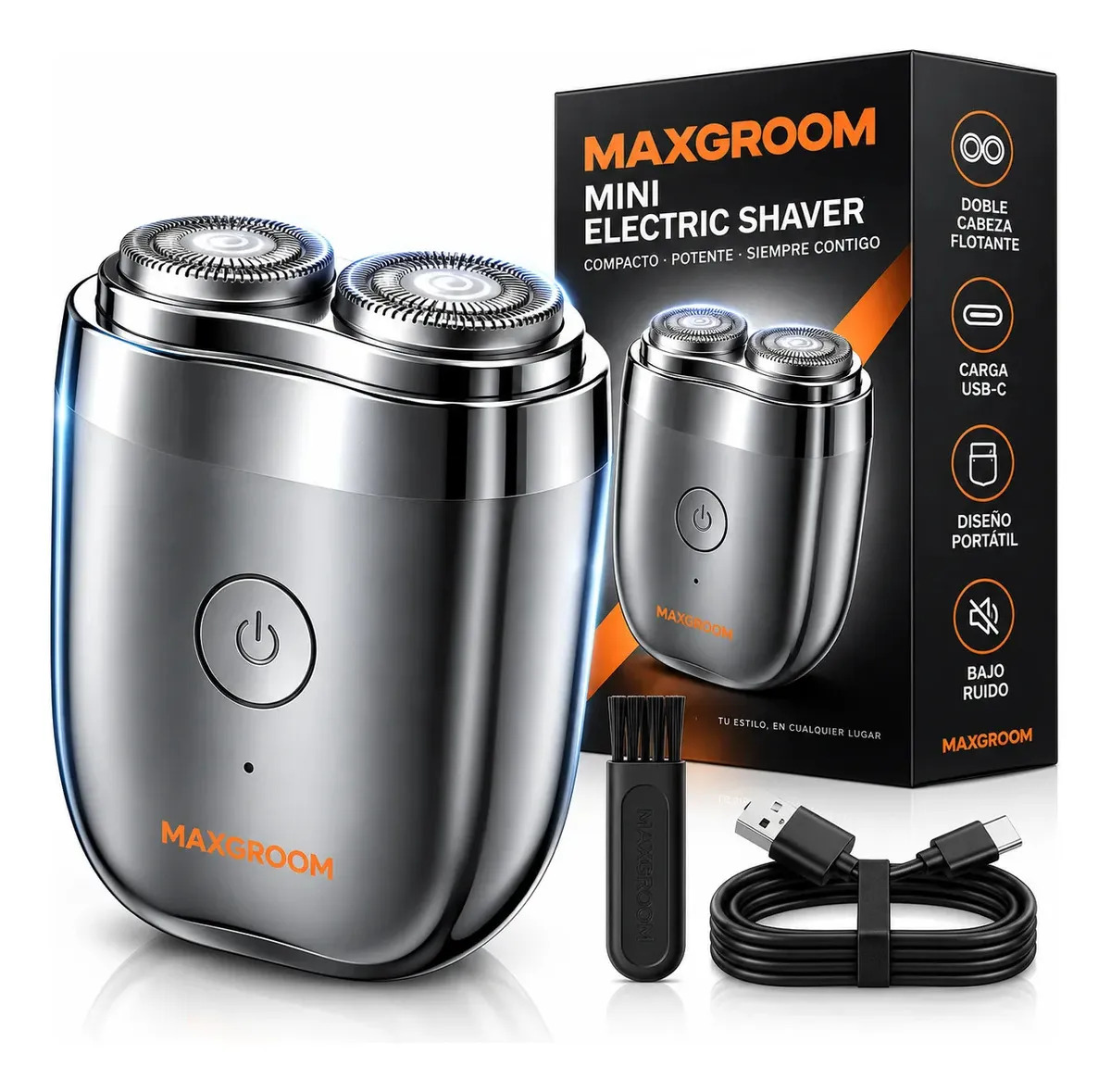 Maxgroom Mini Rasuradora Eléctrica Portátil Hombre Afeitadora Recargable USB-C Doble Cabezal Rotativo Flotante 7500RPM Cabezal Magnético Cuchillas Acero Inoxidable Barba Rostro Viaje