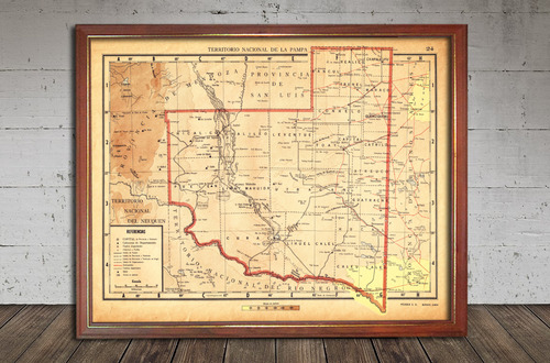 Antiguo Mapa La Pampa Peuser 1940 En Cuadro Vidriado