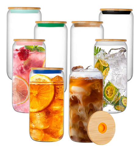 Set Elegante De Vasos De Vidrio 550ml Tapa De Bambú Y Popote
