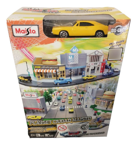 Maisto City Construye Tu Cuidad Jugueteria + Dodge Chalenger Color Amarillo