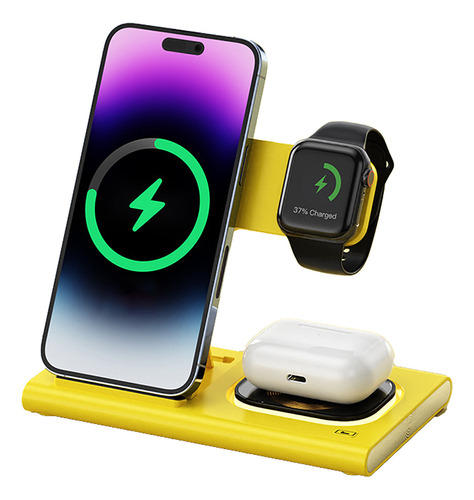 Base de carga por inducción, 3 en 1, teléfonos móviles, auriculares, color: amarillo