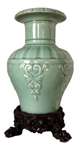 Vaso Em Porcelana Craquelê, Celadon Tailandês, Cor Verde