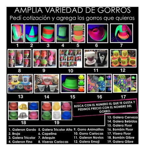 Combo Gorros Fluo 50 Personas Solo Gorro Cotillon Sombrero