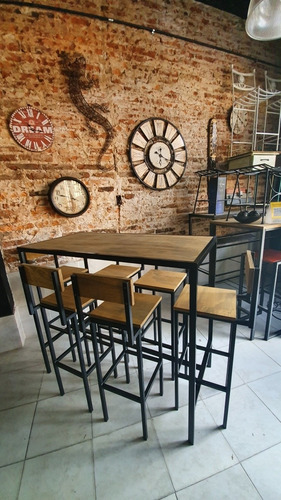 Imagen 3 de 5 de Mesa Barra 120x60 + 6 Taburetes Con Respaldo Hierro Y Madera
