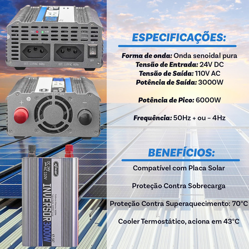 Inversor Tensão Veicular 3000w 24v Para 110v Modificada