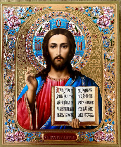 Icone Bizantino Pantocrator Ouro Flores 10x12 Cm 15 Mm Dourado Dourado-escuro