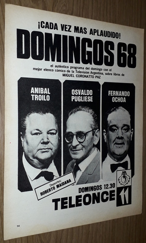 P388 Clipping Publicidad Teleonce Domingos 68 Año 1968 (Usado)