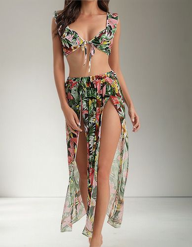 Traje De Baño Estampado De Tres Piezas A127 Split Show Waist