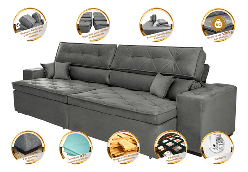 Sofá Austin Retrátil Reclinável com Molas e Almofadas Suede Grafite Cama Inbox
