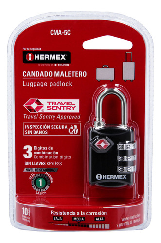 Candado Maletero De Combinacion 27mm Tsa Hermex 46291 Cma-5c