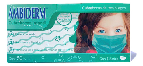 Cubrebocas Infantil Plisado Verde Ambiderm 50 Piezas Diseño de la tela Liso