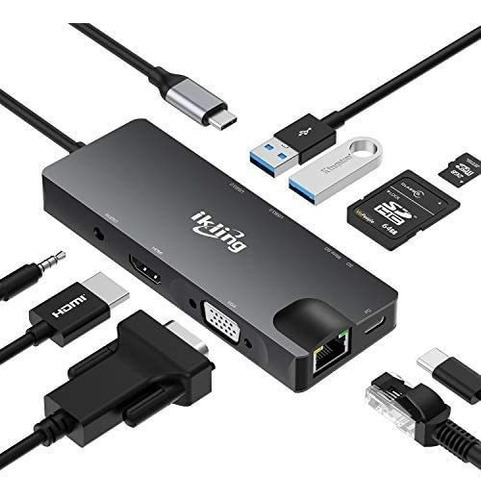 Hub Usb C, 9 En 1, Adaptador Usb C Con 4 K Usb C A Hdmi, Vga