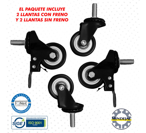 Pack 4 Ruedas/llantas Hule Pvc 2 Pulgadas Freno Giratorias Ruedas Acero