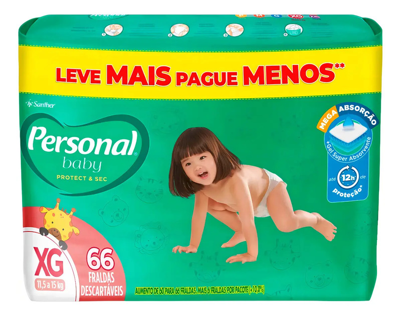 Pacote de fraldas Personal Baby Protect & Sec tamanho XG com 66 unidades, exibindo uma criança engatinhando e informações sobre a tecnologia de absorção de 12 horas.