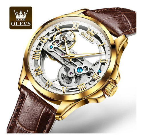 Relojes Mecánicos De Cuero Para Hombre Olevs 6661 Color Del Fondo Gold/white