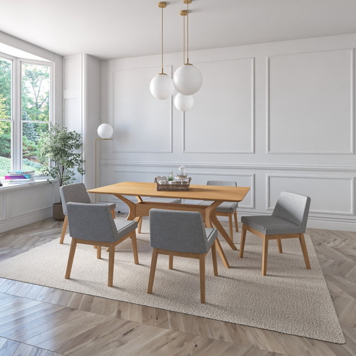 Juego De Comedor Lisboa De Madera Con 6 Sillas Tapizadas Diseño de la tela de las sillas Gris Claro - Roble