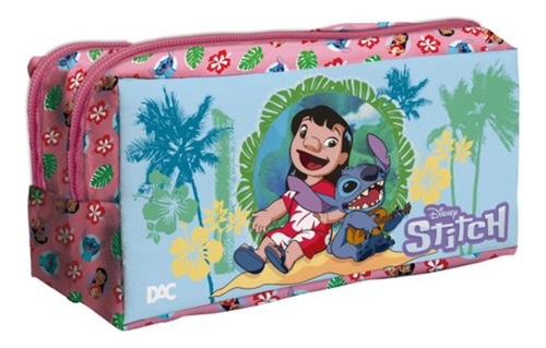 Estojo Duplo Grande Escolar Lilo & Stitch Tecido Dac Cor Rosa