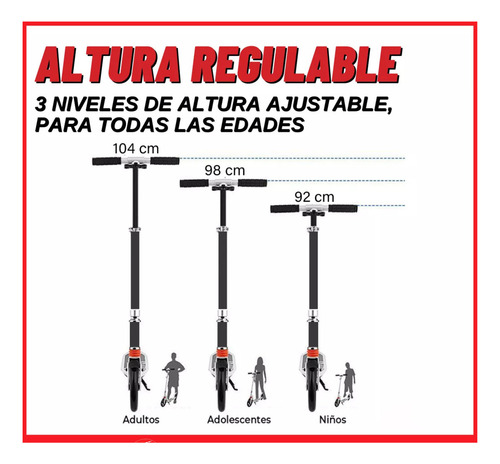 Monopatín Plegable Blanco Aluminio Súper Reforzado Ruedas Grandes 20cm Base Antideslizante Amortiguación Delantera Freno Chapa Resistente Manubrio Ajustable Soporta Hasta 100kg Ideal Adultos Niños
