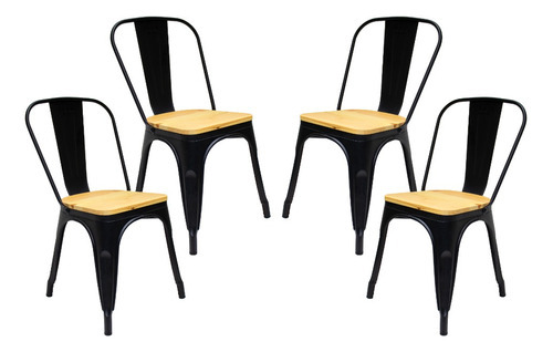 Kit de 4 sillas de mesa de comedor Tolix Iron Industrial con marco de madera, silla de color con respaldo para cocina y comedor, asiento Tolix Iron Industrial de madera negra