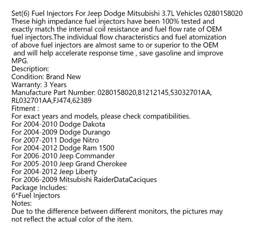 Inyectores De Combustible De 6 Piezas Para Mitsubishi 3.7l 0