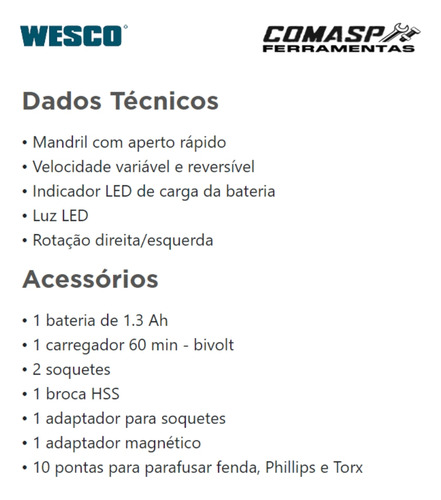 Parafusadeira Furadeira Ws2555k Sem Fio De 10mm Wesco