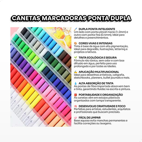 Caneta Brush Pen Ponta Dupla 100 Cores Estojo Para Desenh