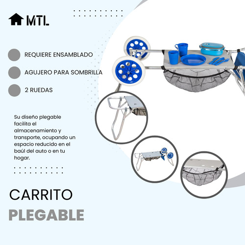 Carrito Mesa Plegable Playera Mtl Aluminio Integrada Bolsillo Almacenamiento Ligero Resistente Versátil Ideal Playa Camping Actividades Al Aire Libre Verano Reforzado