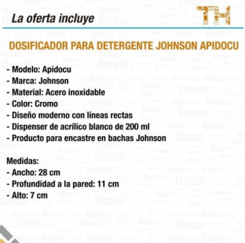 Dosificador Detergente Johnson Acero Apidocu Cuadr Promo