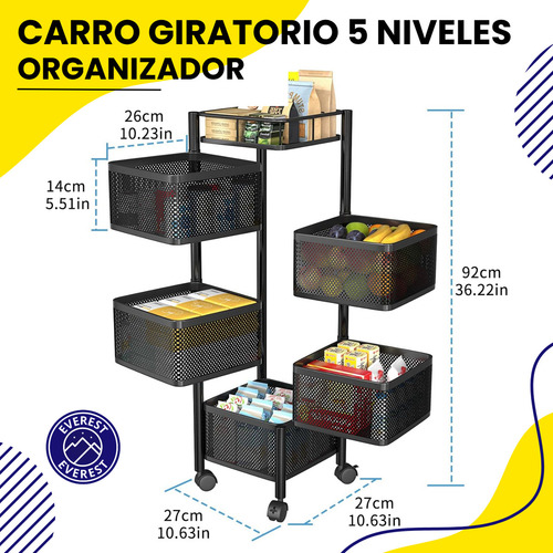 Organizador Metálico Tipo Carro Con 5 Estantes Y Ruedas, Everest, Ideal Para Cocina, Baño O Lavadero, Estantería Móvil Multiuso Para Almacenamiento Eficiente Y Acceso Fácil En Espacios Reducidos