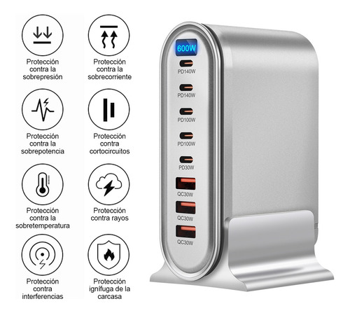Cargador Múltiple Pd De Escritorio De 600 W, 4a4c Gan, 8 Pue