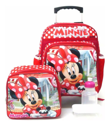 Mochila Minnie Mouse Vermelha Rodinhas G + Lancheira F4