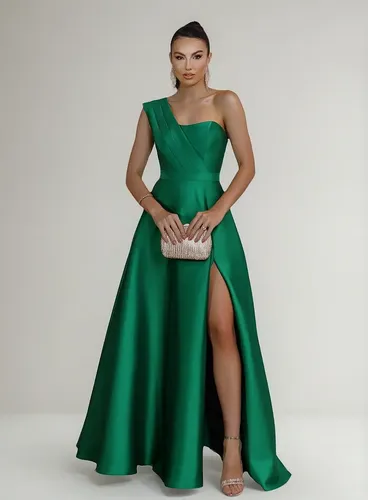 Vestido Longo Festa Um Ombro Só Com Fenda - Verde Esmeralda