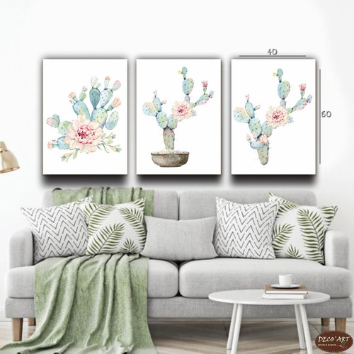 Cactus Tipo Acuarela Cuadros Decorativos P/ Sala (3pz) 40x60