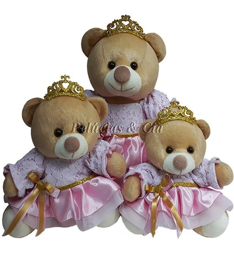 Ursa De Pelúcia Princesa Vestido Rosa Trio Para Nicho 18 22 E 26cm Quarto De Bebê Menina