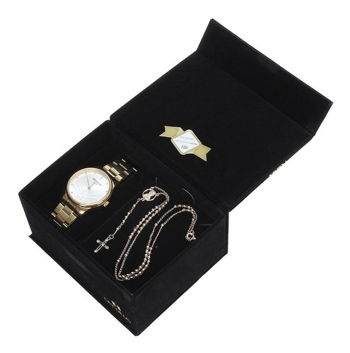 Relógio Seculus Feminino Dourado E Colar Jesus Cristo 22041