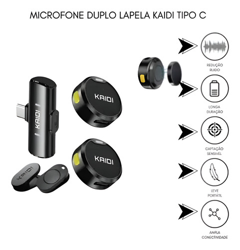 Microfone Lapela Sem Fio Duplo Tipo - C Pro Redondo Kaidi