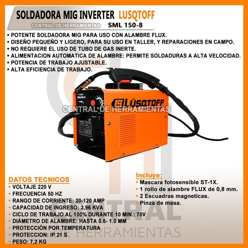 Imagen 3 de 4 de Soldadora Mig Flux Lusqtoff Sml150 Alambre Tubular Inverter