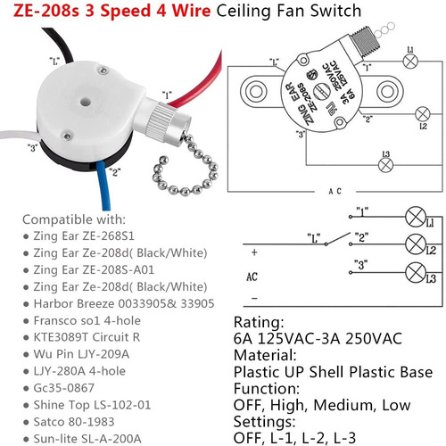 Ze-208s Interruptor Ventilador Techo 3 Velocidad 4 Cable