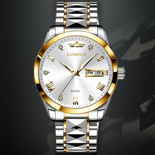 Reloj Con Calendario De Cuarzo Con Diamantes Para Hombre Lan Color De La Correa Silver Golden White