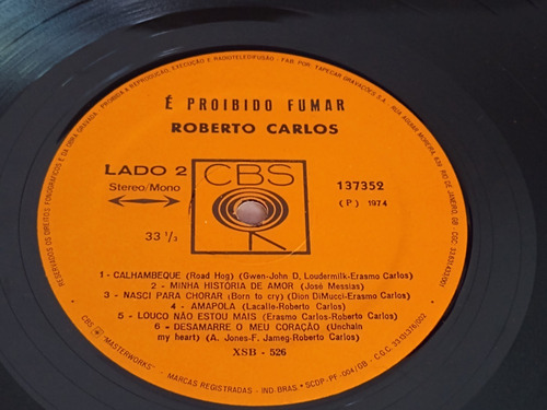 Lp - Roberto Carlos É Proibido Fumar 1974 / Rock . (b2) (Usado)