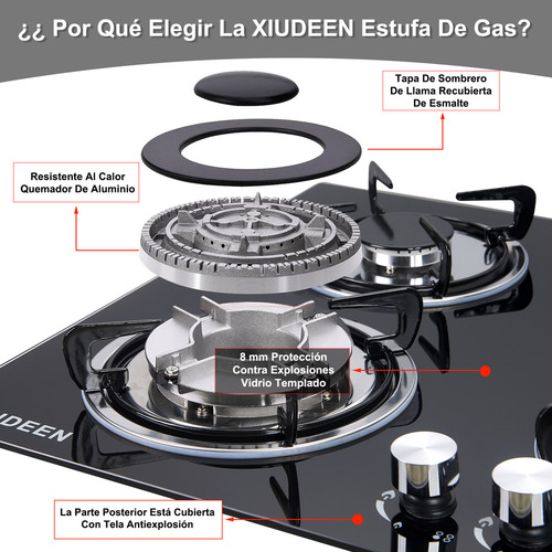 Parrilla De Gas Empotrable de mesa XIUDEEN XD5001G 5 quemadores de gas GN GLP aplicables cristal templado color negro
